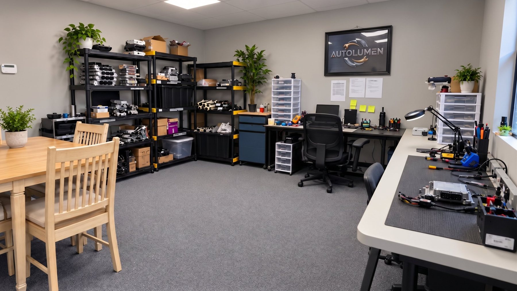 Autolumen's workshop: shelving stocked with used control modules, a programming desk and a bench with a module on an anti-static mat