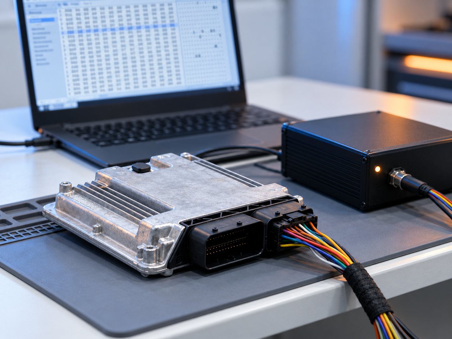 Engine control module on an anti-static mat, wired to a programming interface and a laptop